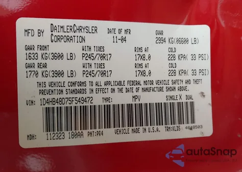 2005 Dodge Durango Slt z USA, uszkodzony, nr VIN 1D4HB48D75F549472